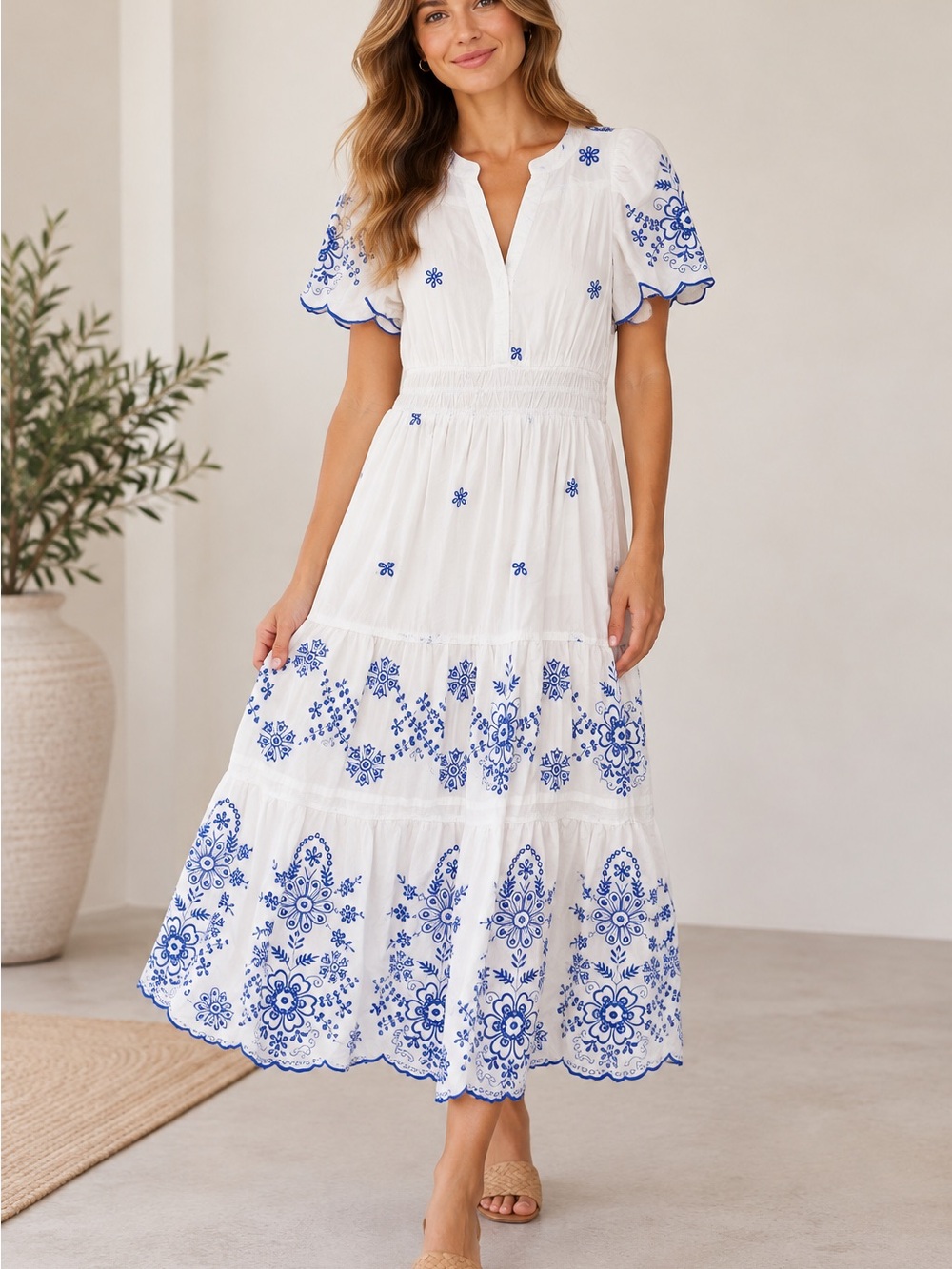 Anthropologie White Maxi Dress with Blue Floral Embroidery